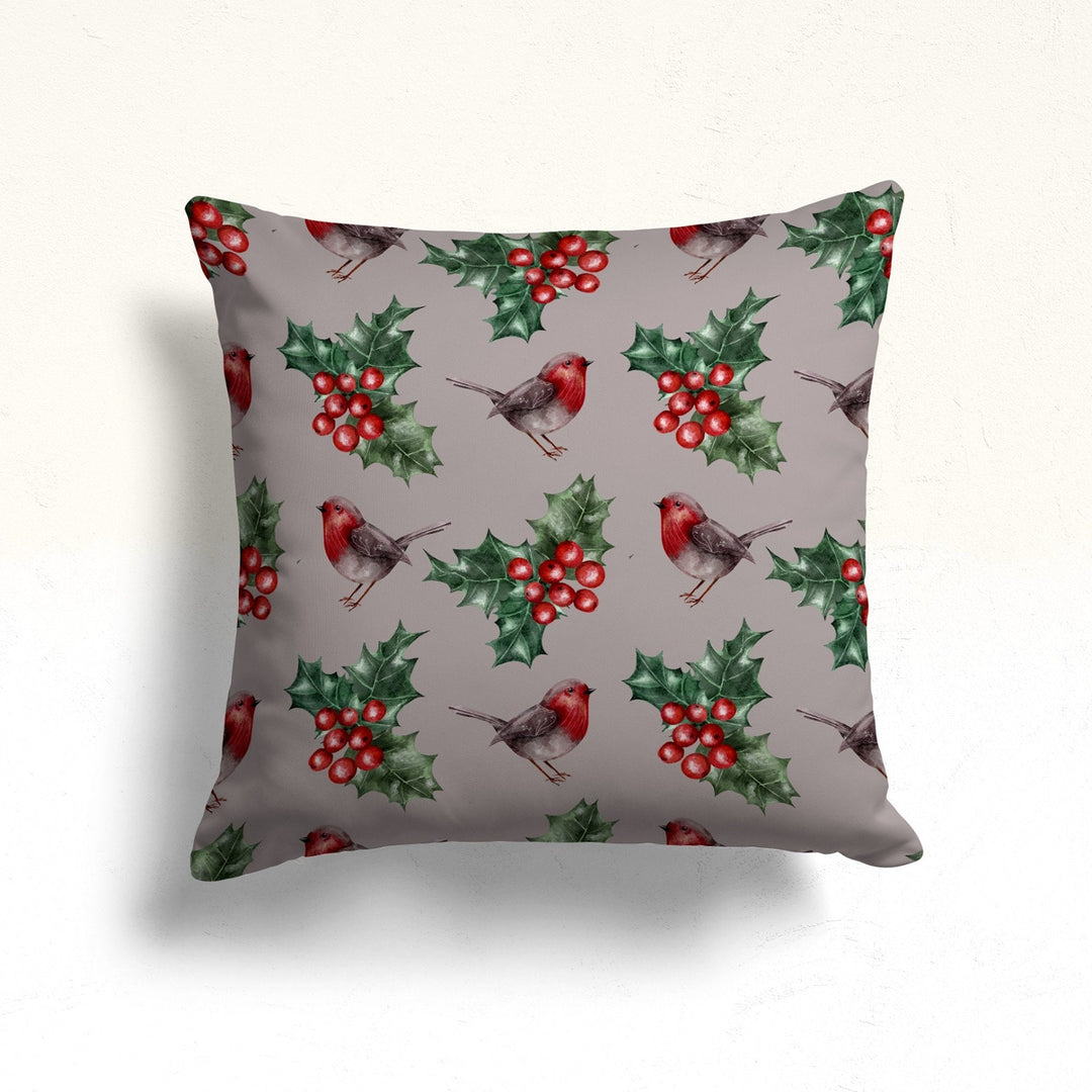 Winter Outdoor Pillowcase|Red Poinsettia Sofa Pillow Case|Bird Throw Pillowtop|Red Berry Pillow Cover|Xmas Ornament Porch Cushion Case