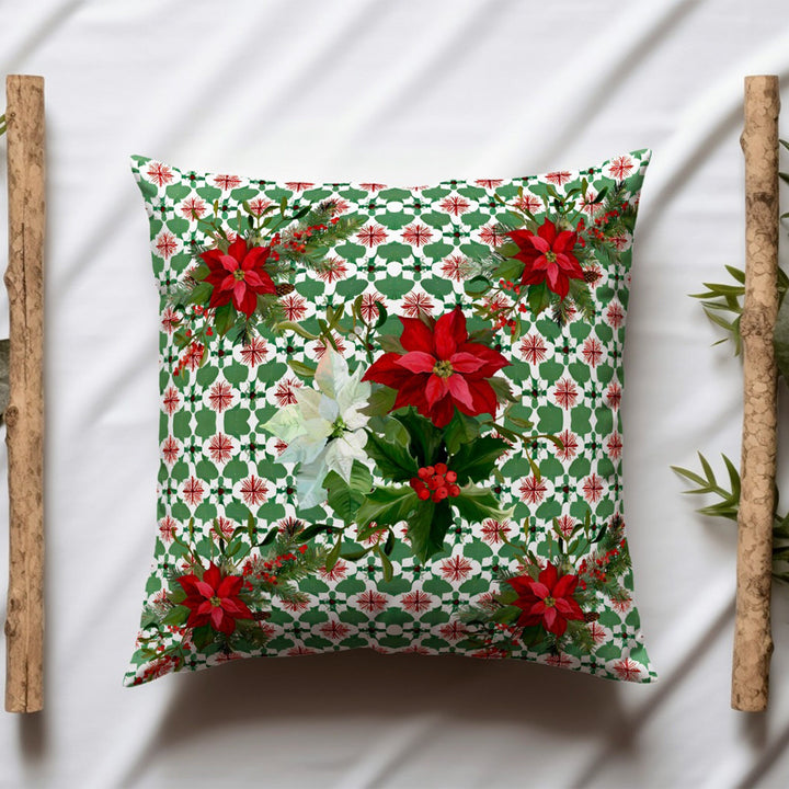 Winter Throw Pillowtop|Red Poinsettia Porch Cushion Case|Red Berries Outdoor Pillowcase|Xmas Pine Tree Pillow Cover|Star Sofa Pillow Case