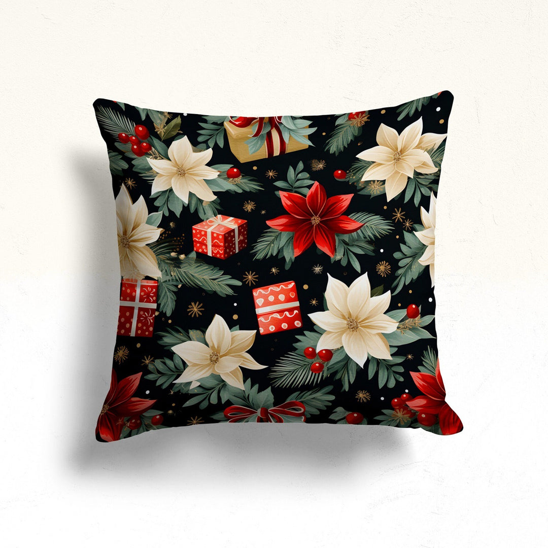 Christmas Pillowcase|Winter Throw Pillowtop|Red And White Poinsettia Sofa Pillow Case|Gift Box Porch Cushion Case|Red Berry Outdoor Pillow