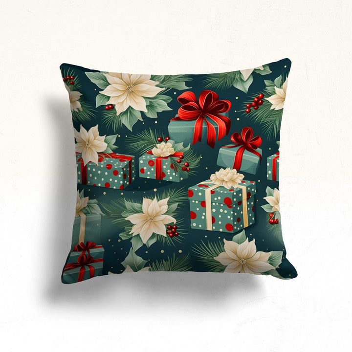 Christmas Pillowcase|Winter Throw Pillowtop|Red And White Poinsettia Sofa Pillow Case|Gift Box Porch Cushion Case|Red Berry Outdoor Pillow