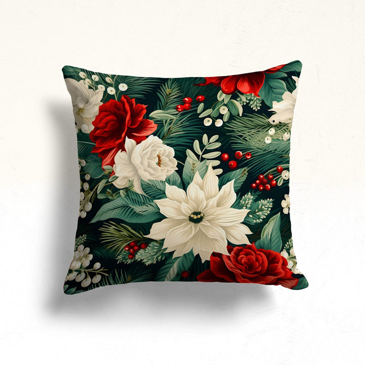 Christmas Pillowcase|Winter Throw Pillowtop|Red And White Poinsettia Sofa Pillow Case|Gift Box Porch Cushion Case|Red Berry Outdoor Pillow