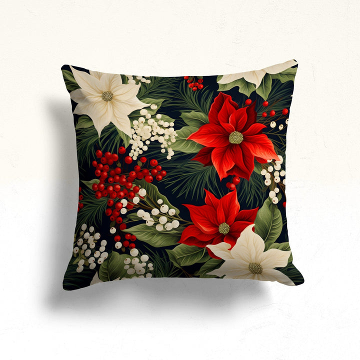 Christmas Pillowcase|Winter Throw Pillowtop|Red And White Poinsettia Sofa Pillow Case|Gift Box Porch Cushion Case|Red Berry Outdoor Pillow