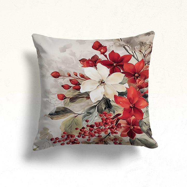 Christmas Porch Pillow Case|Red Poinsettia Outdoor Pillow|White Poinsettia Sofa Cushion Case|Red Berries Throw Pillowtop|Winter Pillow Cover