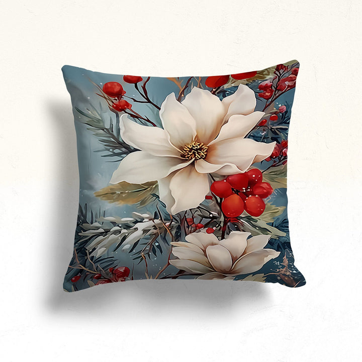 Christmas Porch Pillow Case|Red Poinsettia Outdoor Pillow|White Poinsettia Sofa Cushion Case|Red Berries Throw Pillowtop|Winter Pillow Cover