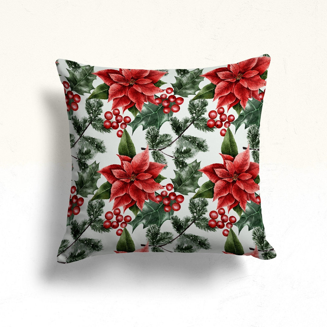 Christmas Porch Pillow Case|Red Poinsettia Outdoor Pillow|White Poinsettia Sofa Cushion Case|Red Berries Throw Pillowtop|Winter Pillow Cover