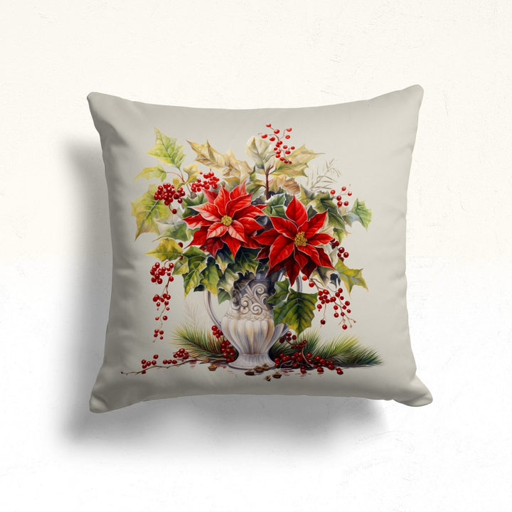 Christmas Porch Pillow Case|Red Poinsettia Outdoor Pillow|White Poinsettia Sofa Cushion Case|Red Berries Throw Pillowtop|Winter Pillow Cover