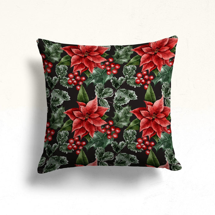 Happy Holidays Sofa Pillowtop|Red Poinsettia Throw Pillow Case|Winter Porch Cushion Case|Xmas Red Berry Outdoor Pillowcase|White Poinsettia