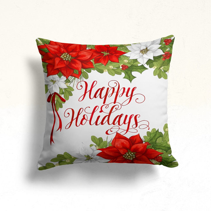 Happy Holidays Sofa Pillowtop|Red Poinsettia Throw Pillow Case|Winter Porch Cushion Case|Xmas Red Berry Outdoor Pillowcase|White Poinsettia