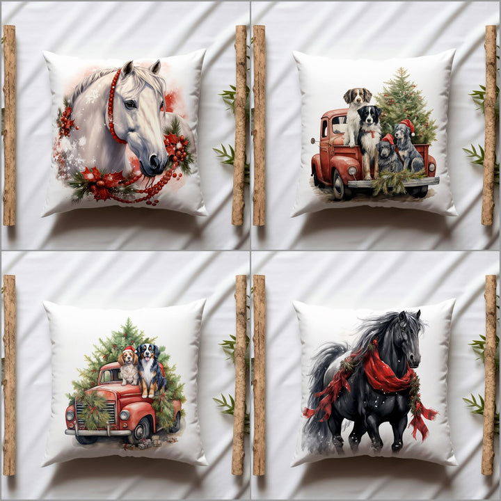 Christmas Pillow Cover|Horse Throw Pillowtop|Dog Sofa Pillow Case|Red Truck Print Winter Outdoor Pillowcase|Xmas Tree Porch Cushion Case