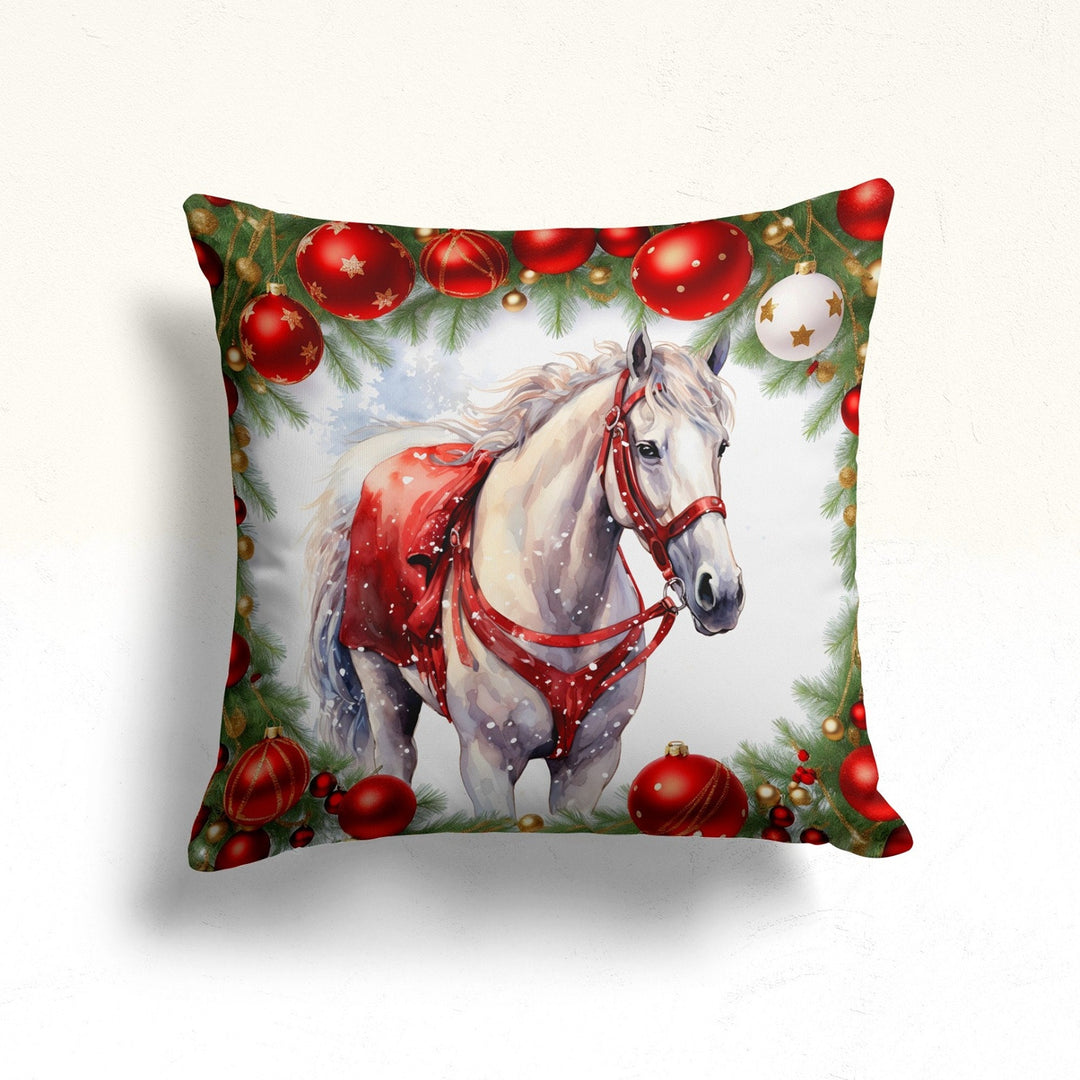 Horse Print Winter Pillow Case|Christmas Pillow Cover|Red Berries Outdoor Pillowtop|Snowflake Porch Cushion Case|Xmas Ornament Pillow