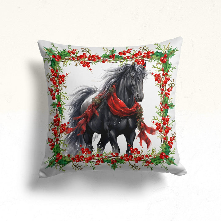 Horse Print Winter Pillow Case|Christmas Pillow Cover|Red Berries Outdoor Pillowtop|Snowflake Porch Cushion Case|Xmas Ornament Pillow