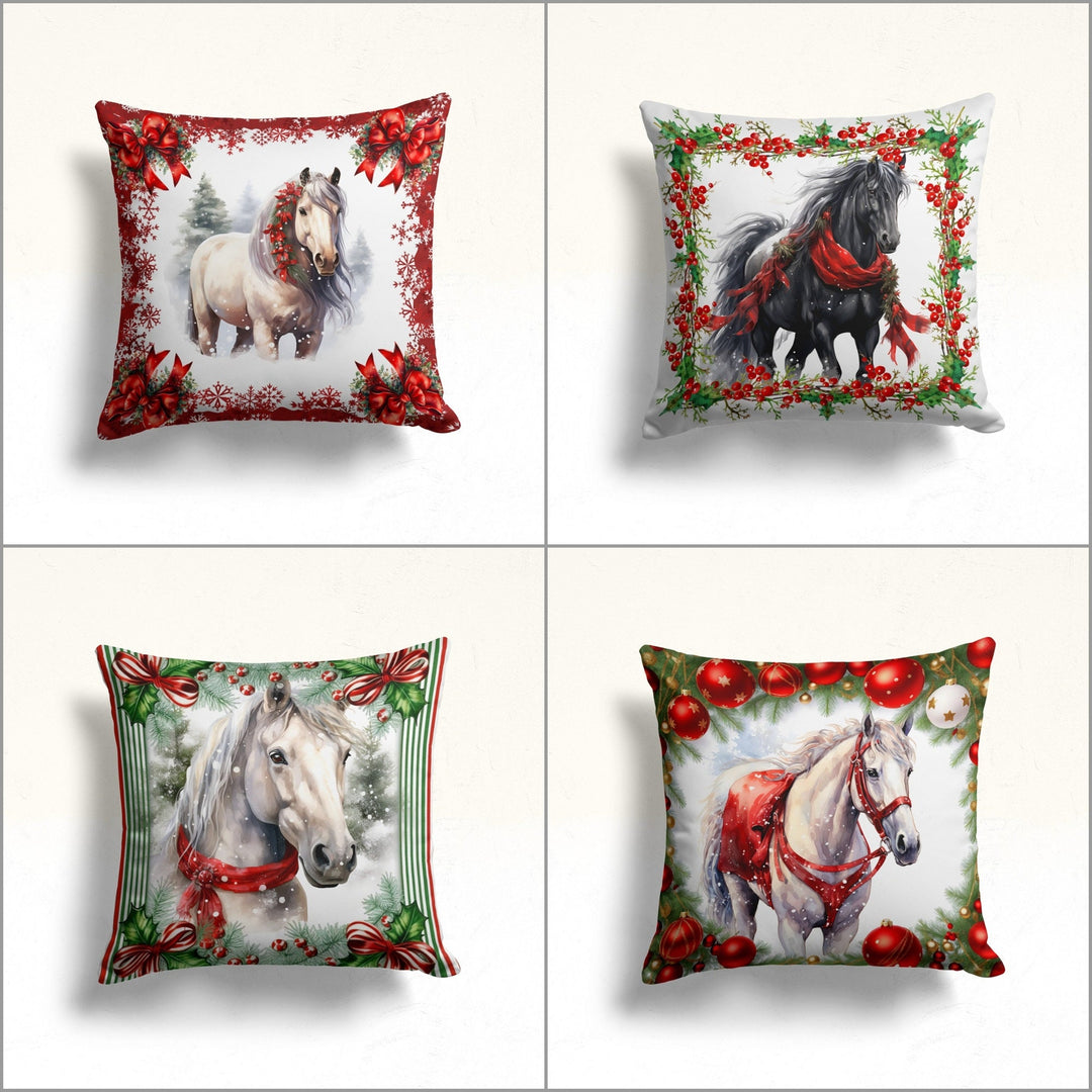 Horse Print Winter Pillow Case|Christmas Pillow Cover|Red Berries Outdoor Pillowtop|Snowflake Porch Cushion Case|Xmas Ornament Pillow