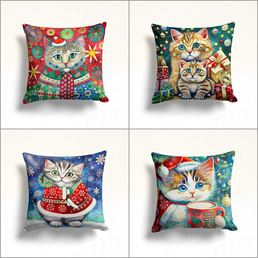 Christmas Pillow Cover|Cute Xmas Cat Throw Pillowcase|Kitten Print Outdoor Pillowcase|Snowflake Porch Pillow Top|Gift Box Sofa Cushion Case