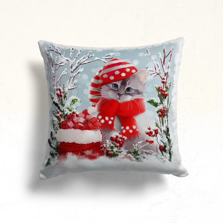 Winter Cat Sofa Cushion Case|Cat With Santa Hat Print Throw Pillowcase|Christmas Porch Pillow Top|Cute Kitten Outdoor Pillowcase