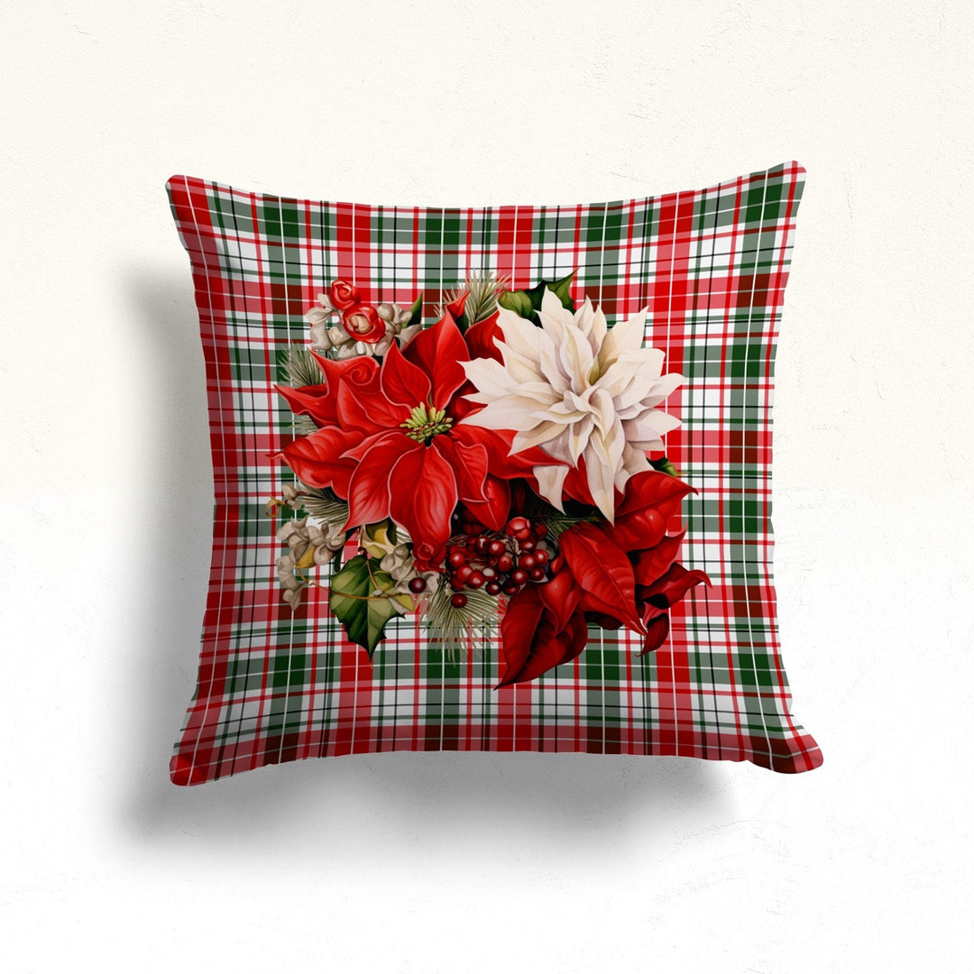 Red Berry Xmas Pillow Cover|Plaid Porch Cushion Case|Pine Cone Winter Pillow Case|Red Poinsettia Pillowcase|White Poinsettia Throw Pillowtop