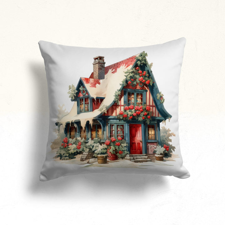 Xmas Festive Time Porch Cushion Case|Snow House Winter Pillow Case|Christmas Pillowcase|Cozy Throw Pillowtop|Pine Tree Xmas Pillow Cover