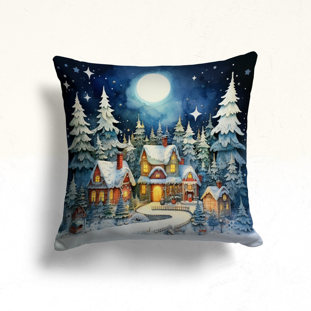 Christmas Porch Cushion Case|Full Moon Xmas Pillow Cover|Pine Tree Pillowcase|Joy Throw Pillowtop|House Under Snow Winter Pillow Case