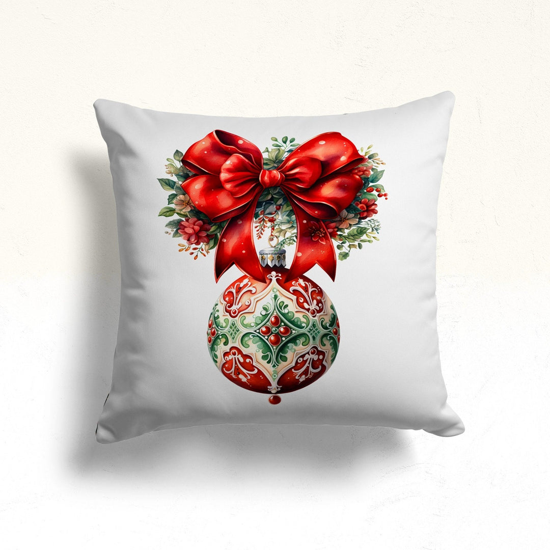 Xmas Ornament Porch Pillow Sham|Ribbon Bow Pillow Cover|Winter Sofa Cushion Case|Red Poinsettia Outdoor Cushion Case|Festive Decorations