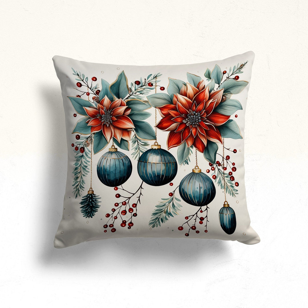 Xmas Ornament Porch Pillow Sham|Ribbon Bow Pillow Cover|Winter Sofa Cushion Case|Red Poinsettia Outdoor Cushion Case|Festive Decorations