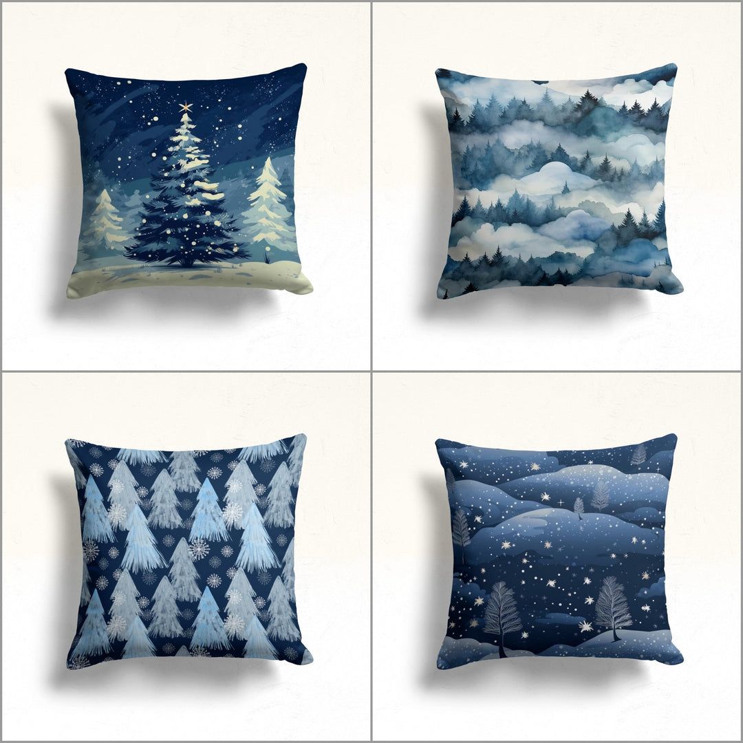 Cloudy Forest Outdoor Cushion Case|Winter Porch Pillow Sham|Pine Tree Sofa Cushion Case|Blueish Pillow Cover|Snowflake Throw Pillowcase|Snow