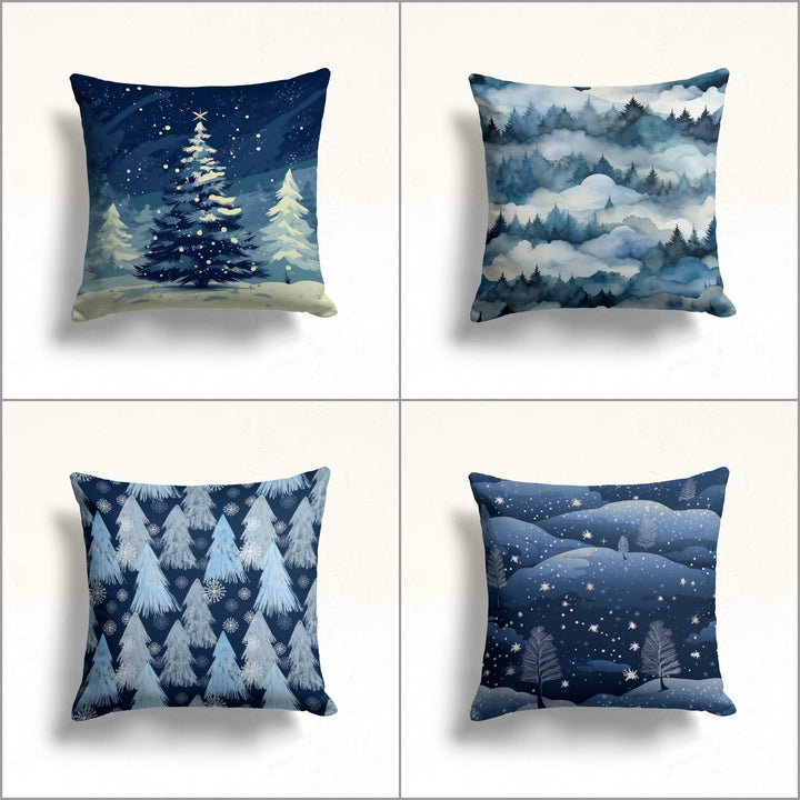 Cloudy Forest Outdoor Cushion Case|Winter Porch Pillow Sham|Pine Tree Sofa Cushion Case|Blueish Pillow Cover|Snowflake Throw Pillowcase|Snow