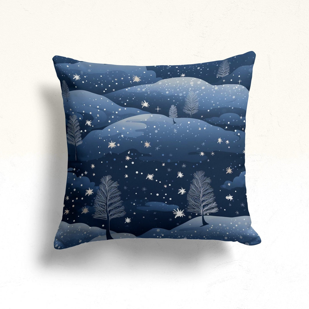 Cloudy Forest Outdoor Cushion Case|Winter Porch Pillow Sham|Pine Tree Sofa Cushion Case|Blueish Pillow Cover|Snowflake Throw Pillowcase|Snow