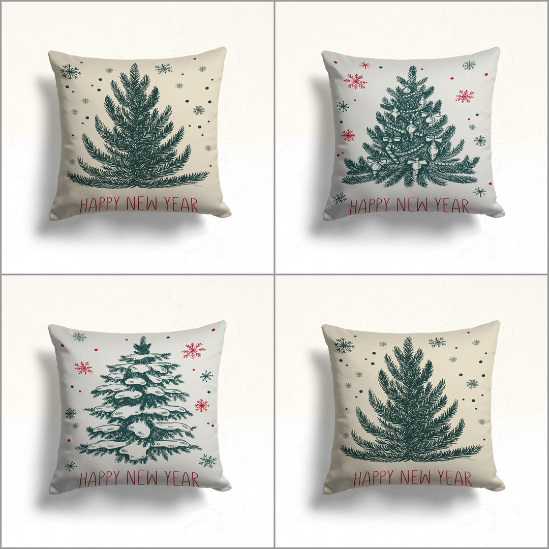 Happy New Year Porch Cushion Case|Winter Pillow Cover|Pine Tree Sofa Pillow Case|Xmas Throw Pillowcase|Snowflake Couch Cushion Cover