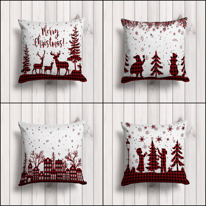 Merry Christmas Throw Pillow Case|Pine Tree Outdoor Cushion Case|Deer Pillow Cover|Black Red Checkered Cushion Cover|Winter Pillowcase