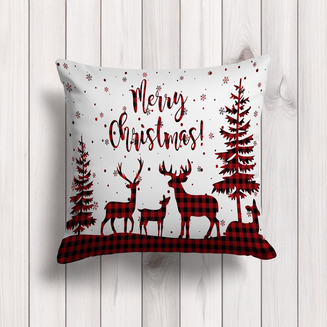 Merry Christmas Throw Pillow Case|Pine Tree Outdoor Cushion Case|Deer Pillow Cover|Black Red Checkered Cushion Cover|Winter Pillowcase