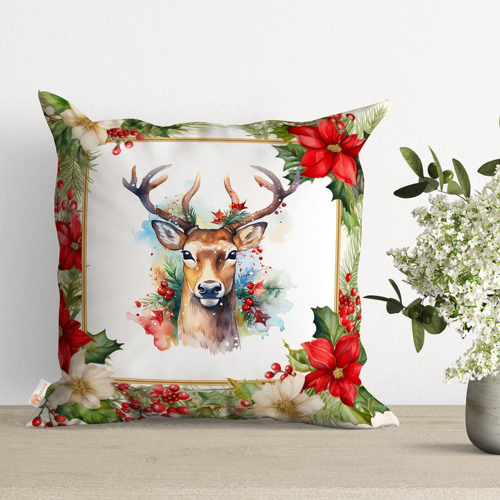 Reindeer Cushion Case|Winter Cushion Cover|Christmas Home Decor|Xmas Throw Pillowcase|Red Poinsettia Pillow Cover|Red Berry Outdoor Pillow