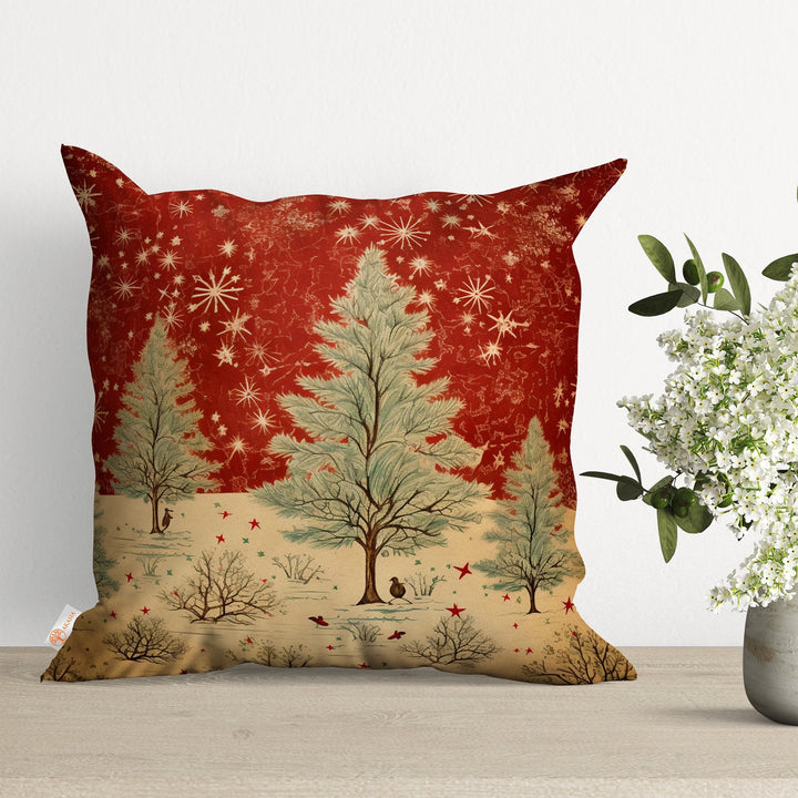 Christmas Cushion Cover|Decorated Xmas Tree Cushion Case|Berry Pillow Cover|Floral Porch Decor|Winter Throw Pillowtop|Bird Print Pillow Case