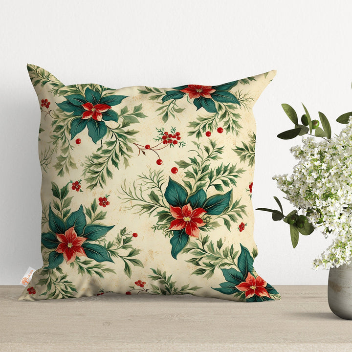 Christmas Cushion Cover|Decorated Xmas Tree Cushion Case|Berry Pillow Cover|Floral Porch Decor|Winter Throw Pillowtop|Bird Print Pillow Case