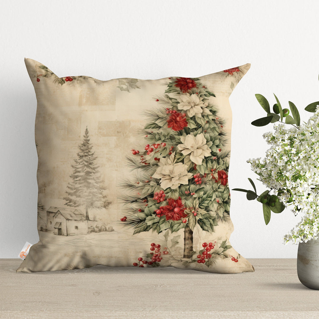 Christmas Throw Pillowtop|Decorated Xmas Tree Pillow Case|Floral Porch Decor|Winter Cushion Case|Lightbulb Pillow Cover|Berry Cushion Cover