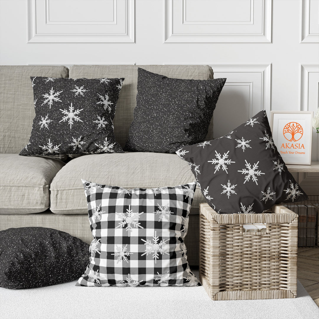 Checkered Snowflake Throw Pillowtop|Plaid Pattern Porch Decor|Winter Pillow Case|Xmas Cushion Cover|Geometric Pillow Cover|Black White Decor