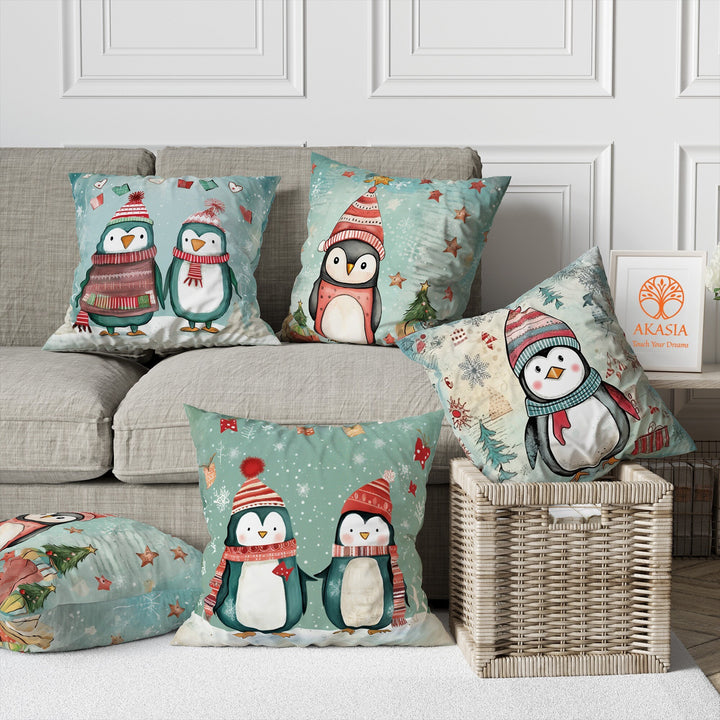 Winter Penguin Pillow Case|Cute Penguin Cushion Cover|Penguin Throw Pillow Cover|Animal Print Sofa Decor|Xmas Home Decor|Outdoor Cushion