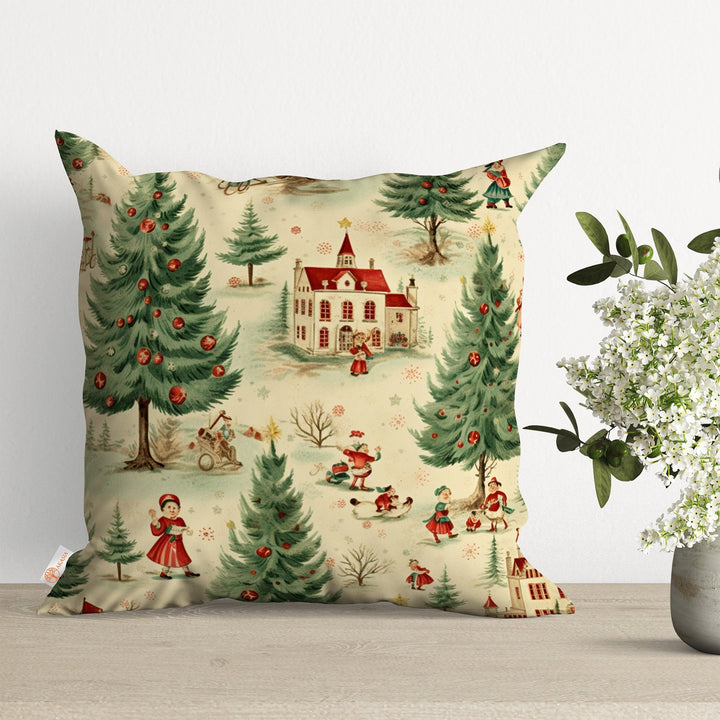 Christmas Cushion Cover|Decorated Xmas Tree Cushion Case|Berry Pillow Cover|Floral Porch Decor|Winter Throw Pillowtop|Bird Print Pillow Case