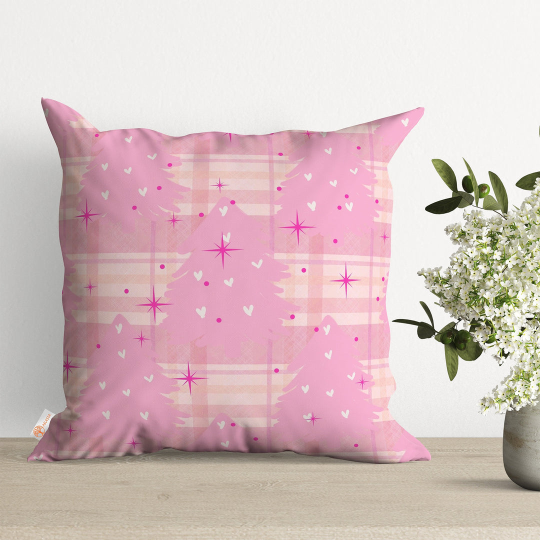 Noel Print Pillow Case|Winter Trend Porch Decor|Pine Tree Throw Pillowtop|Pink Cushion Cover|Decorative Pillow Cover|Snowflake Cushion Case