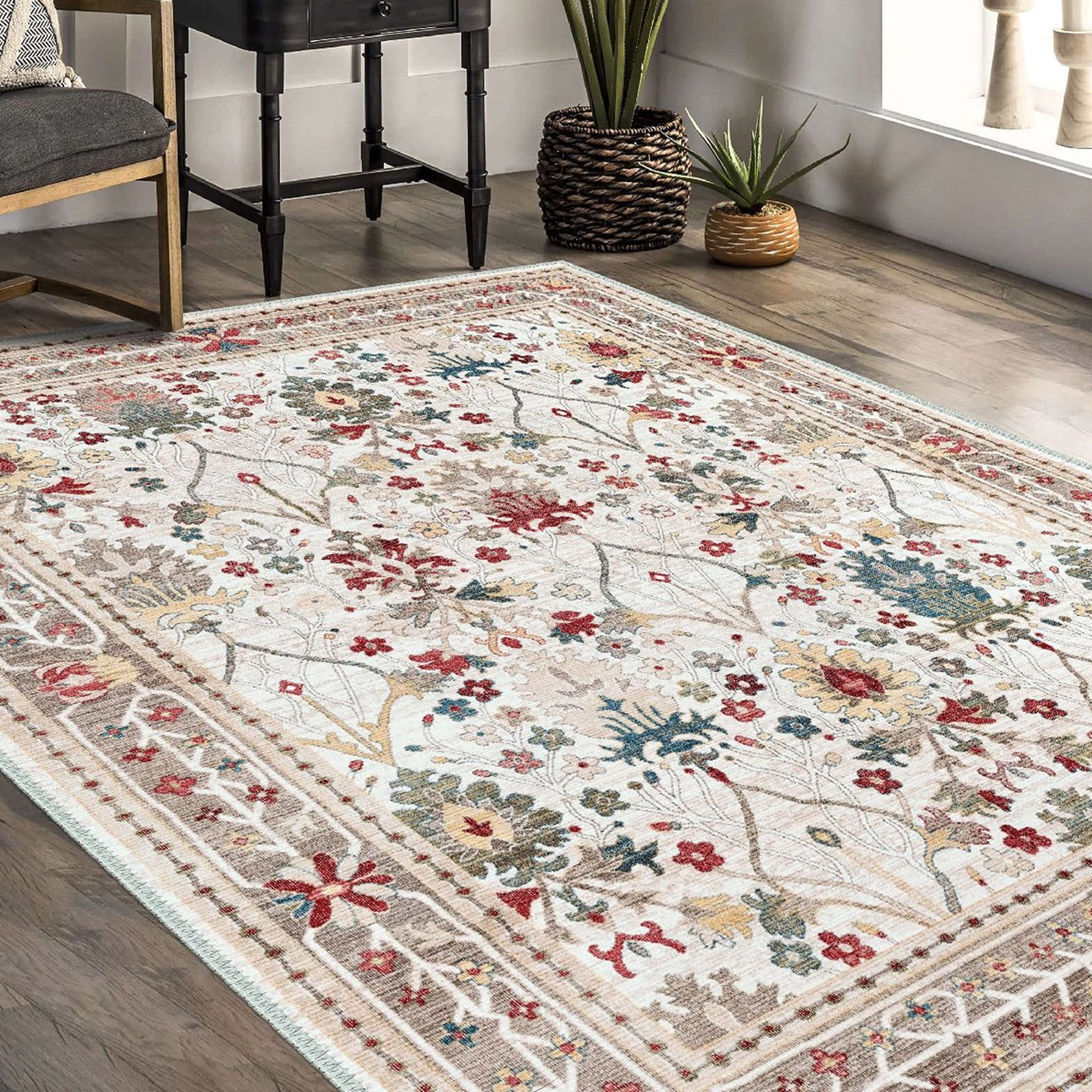 Tile Pattern Ethnic Machine-Washable Non-Slip Rug