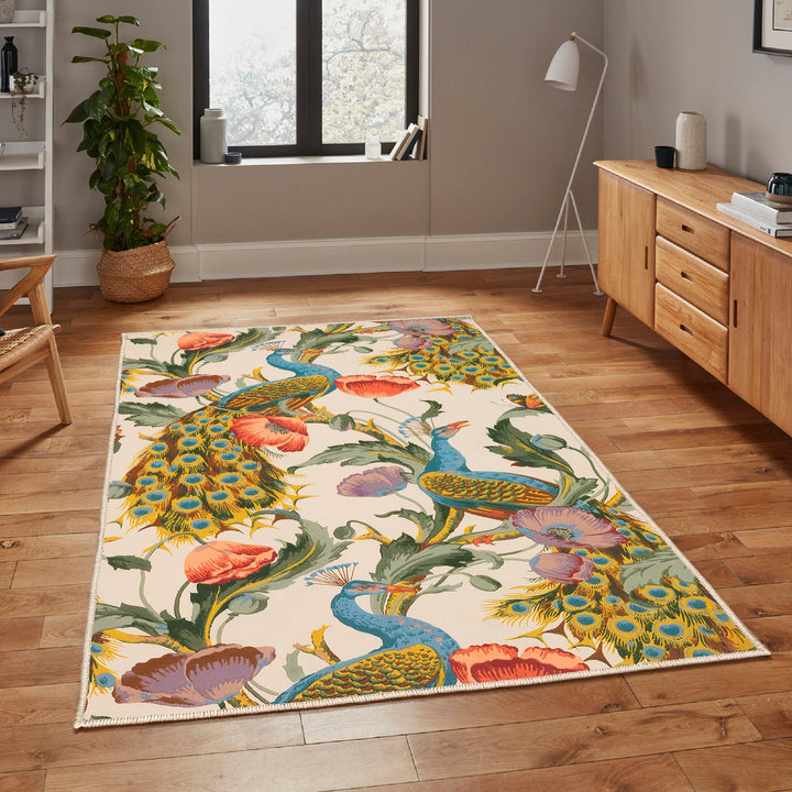 Peacock Print Rug|Animal Print Living Room Rug|Floral Carpet|Machine-Washable Non-Slip Mat|Decorative Multi-Purpose Anti-Slip Mat|Cozy Rug