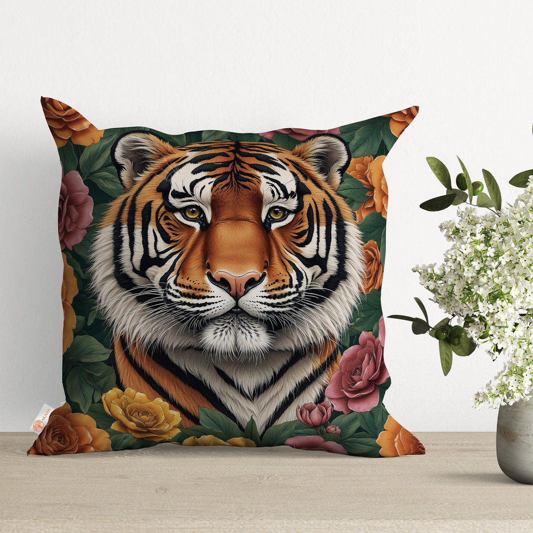 Floral Animal Pillow Cover|Tiger Cushion Case|Black Cat Pillowcase|Leopard Throw Pillow Cover|Animal Portrait Cushion Case|Farmhouse Gift