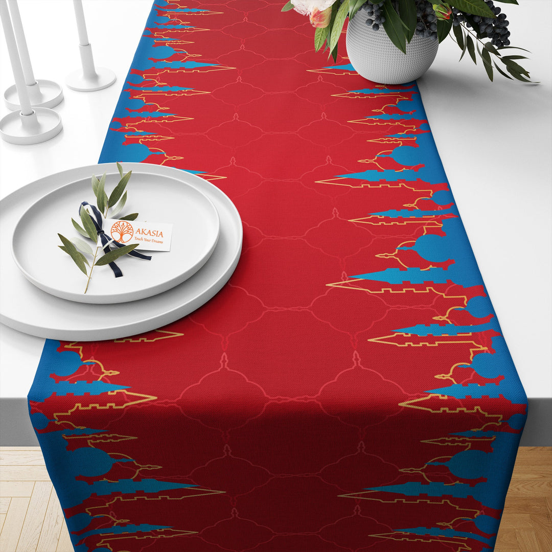 Minaret Print Runner|Red Blue Table Centerpiece|Islamic Table Runner|Eid Mubarak Table Decor|Religious Table Dressing|Authentic Tablecloth