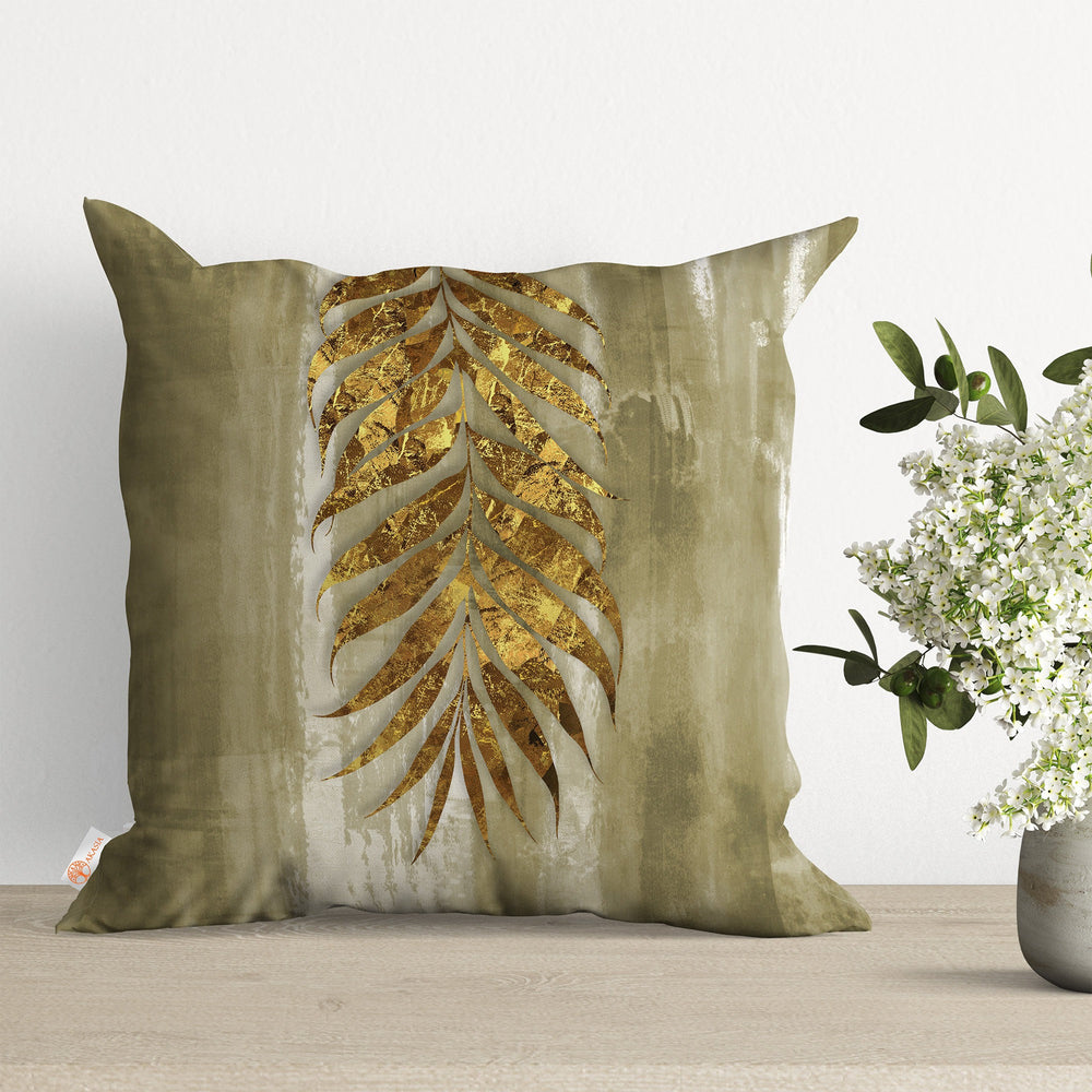 Leaf and Feather Cushion Case|Decorative Farmhouse Pillowtop|Cozy Home Decor|Housewarming Throw Pillowcase|Gold Tropical Leaf Pillow Case