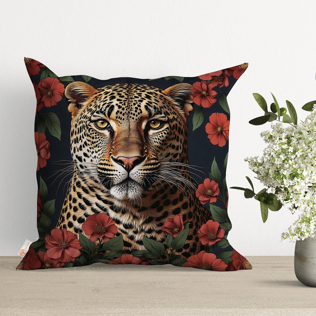 Floral Animal Pillow Cover|Tiger Cushion Case|Black Cat Pillowcase|Leopard Throw Pillow Cover|Animal Portrait Cushion Case|Farmhouse Gift