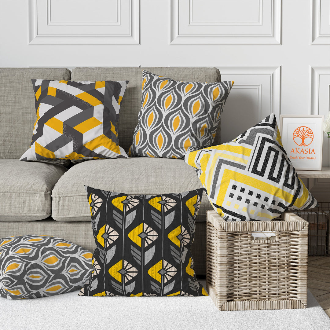 Black Yellow Gray Cushion Case|Abstract Geometric Pillow Cover|Decorative Pillow Top|Boho Bedding Home Decor|Housewarming Outdoor Pillow Top